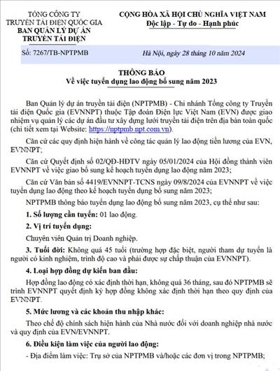 NPTPMB thông báo về việc tuyển dụng lao động bổ sung năm 2023