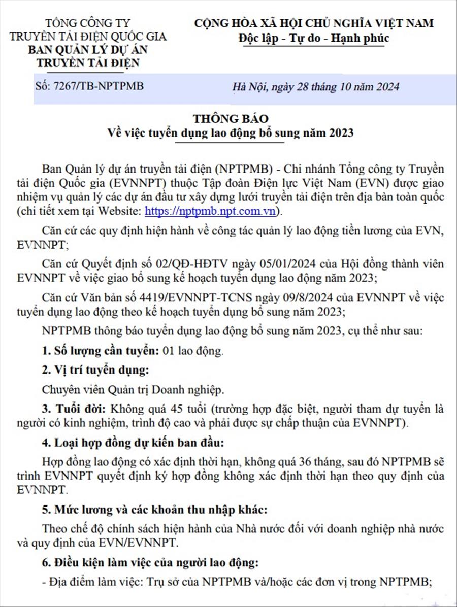 NPTPMB thông báo về việc tuyển dụng lao động bổ sung năm 2023